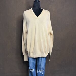 Vintage LL Bean Classic 100% Cotton Sweater Large Cream V-Neck Preppy USA Made